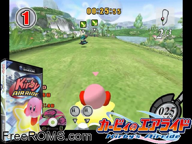 Kirby Air Ride Nintendo Gamecube game showing 3D box cover and gameplay screenshot