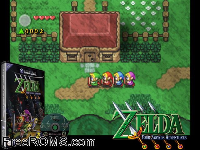Legend of Zelda, The Four Swords Adventures Nintendo Gamecube game showing 3D box cover and gameplay screenshot