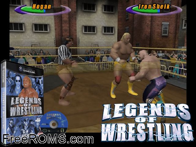 Legends of Wrestling Nintendo Gamecube game showing 3D box cover and gameplay screenshot