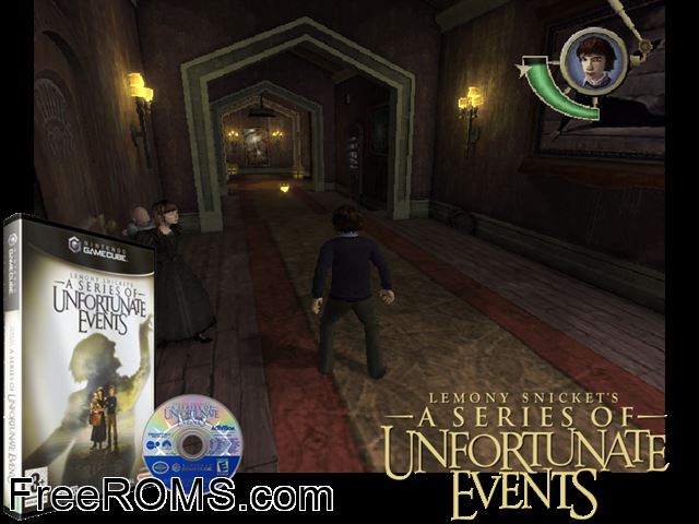 Lemony Snickets A Series of Unfortunate Events Nintendo Gamecube game showing 3D box cover and gameplay screenshot