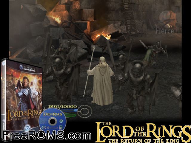 Lord of the Rings, The - The Return of the King Nintendo Gamecube game showing 3D box cover and gameplay screenshot