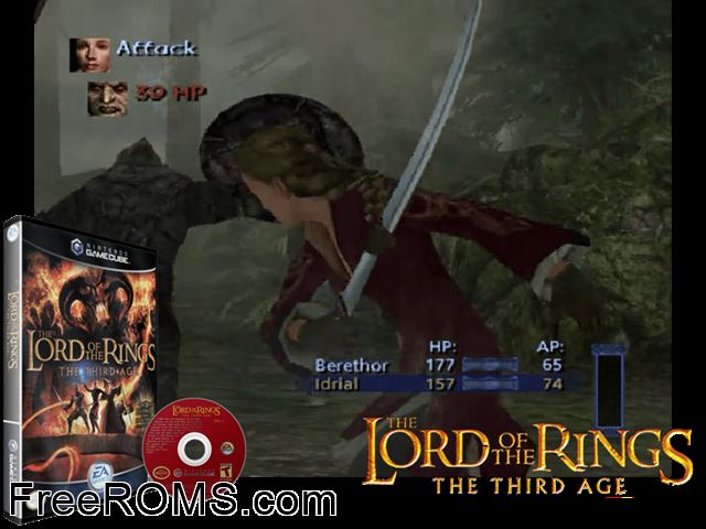 Lord of the Rings, The - The Third Age (Disc 1) Nintendo Gamecube game showing 3D box cover and gameplay screenshot