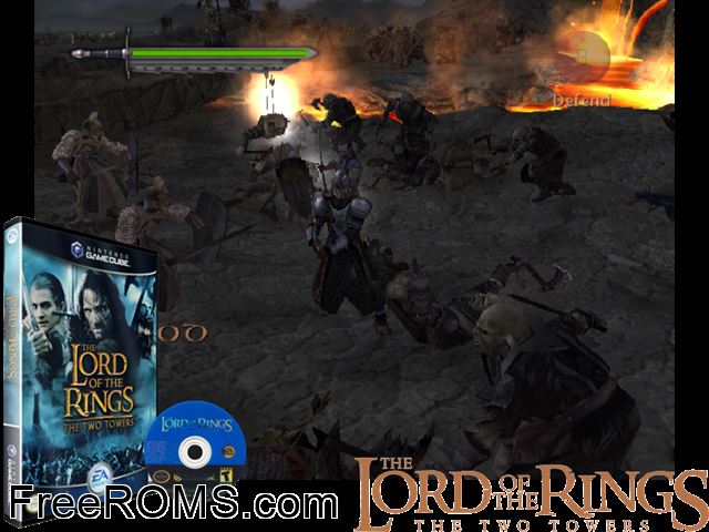 Lord of the Rings, The - The Two Towers Nintendo Gamecube game showing 3D box cover and gameplay screenshot