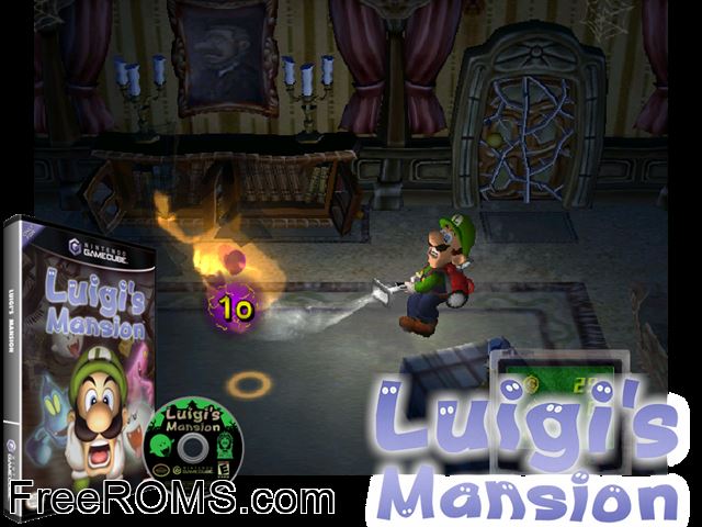 Luigis Mansion Nintendo Gamecube game showing 3D box cover and gameplay screenshot