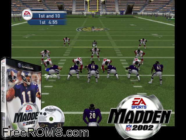 Madden NFL 2002 Nintendo Gamecube game showing 3D box cover and gameplay screenshot