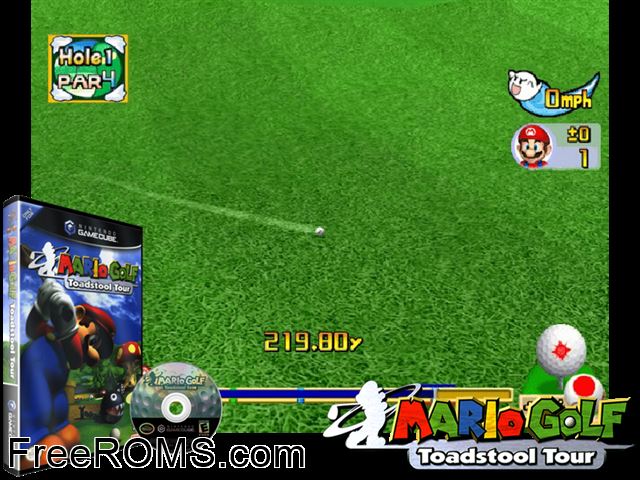 Mario Golf Toadstool Tour Nintendo Gamecube game showing 3D box cover and gameplay screenshot