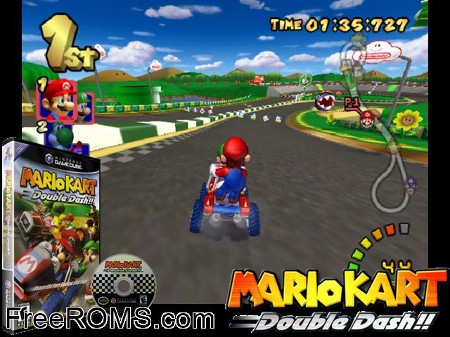 Mario Kart Double Dash!! Nintendo Gamecube game showing 3D box cover and gameplay screenshot