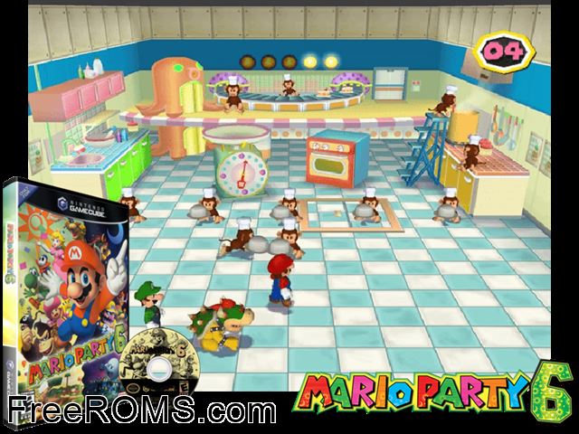Mario Party 6 Nintendo Gamecube game showing 3D box cover and gameplay screenshot