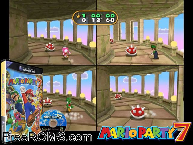 Mario Party 7 Nintendo Gamecube game showing 3D box cover and gameplay screenshot