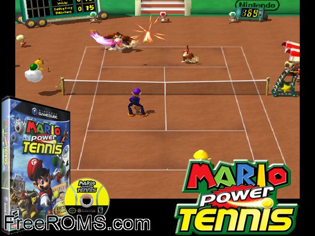 Mario Power Tennis (v1.01) Nintendo Gamecube game showing 3D box cover and gameplay screenshot