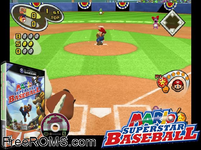 Mario Superstar Baseball Nintendo Gamecube game showing 3D box cover and gameplay screenshot