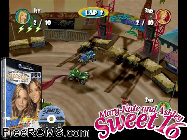 Mary-Kate and Ashley - Sweet 16 - Licensed to Drive Nintendo Gamecube game showing 3D box cover and gameplay screenshot