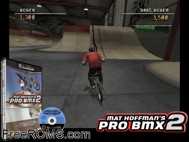 Mat Hoffmans Pro BMX 2 Nintendo Gamecube game showing 3D box cover and gameplay screenshot