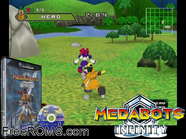 Medabots Infinity (v1.01) Nintendo Gamecube game showing 3D box cover and gameplay screenshot