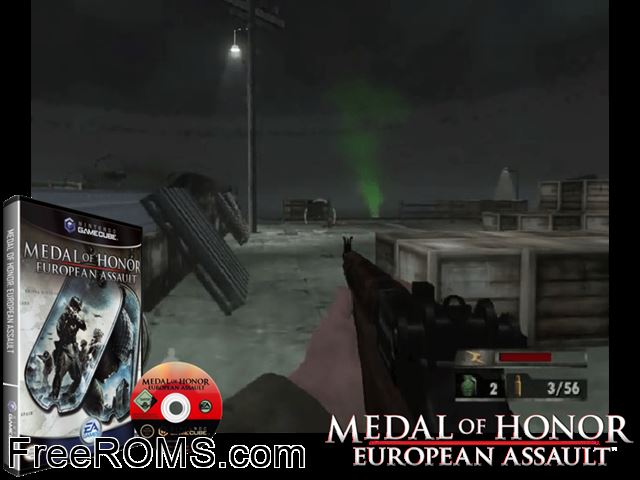 Medal of Honor - European Assault Nintendo Gamecube game showing 3D box cover and gameplay screenshot