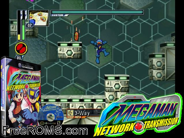 Mega Man - Network Transmission Nintendo Gamecube game showing 3D box cover and gameplay screenshot