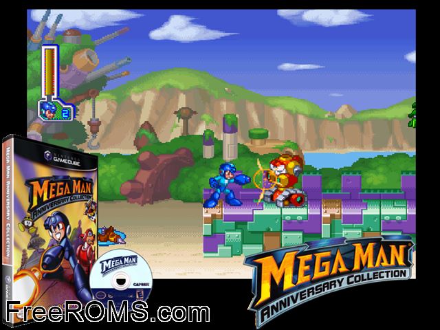Mega Man Anniversary Collection Nintendo Gamecube game showing 3D box cover and gameplay screenshot