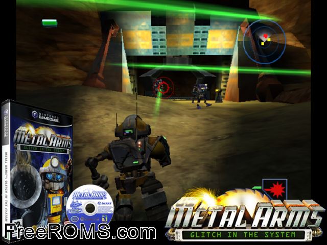 Metal Arms - Glitch in the System Nintendo Gamecube game showing 3D box cover and gameplay screenshot