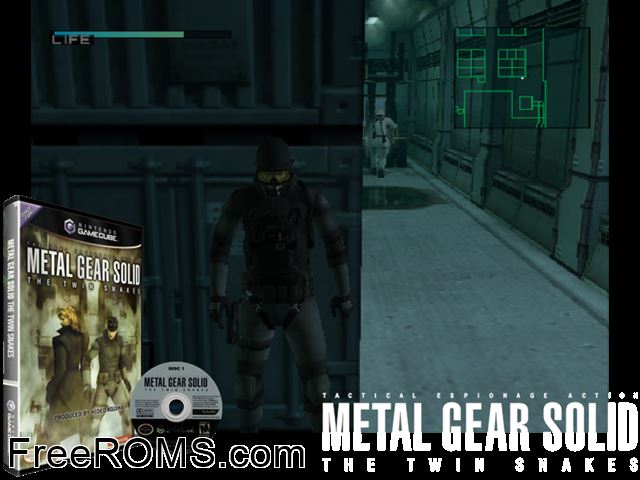 Metal Gear Solid - The Twin Snakes (Disc 1) Nintendo Gamecube game showing 3D box cover and gameplay screenshot