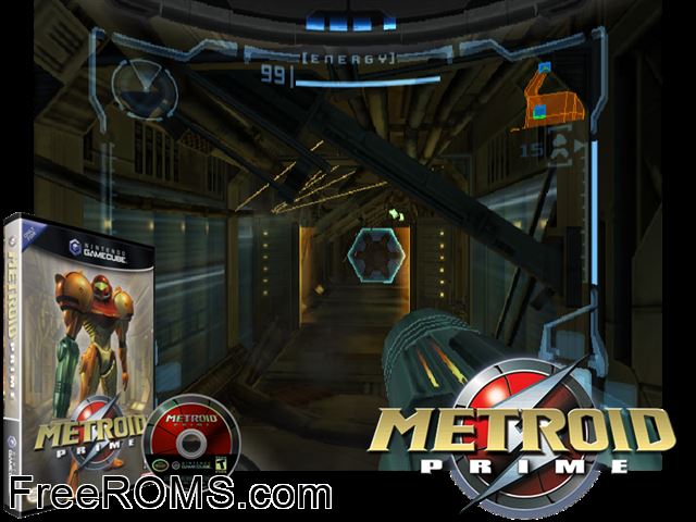 Metroid Prime (v1.02) Nintendo Gamecube game showing 3D box cover and gameplay screenshot