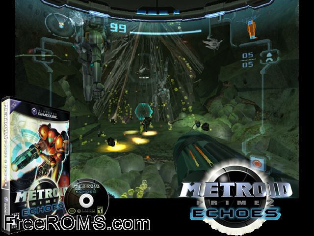 Metroid Prime 2 Echoes Nintendo Gamecube game showing 3D box cover and gameplay screenshot