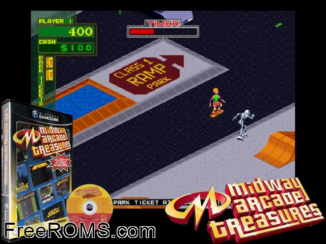Midway Arcade Treasures Nintendo Gamecube game showing 3D box cover and gameplay screenshot