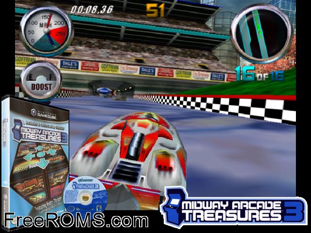 Midway Arcade Treasures 3 Nintendo Gamecube game showing 3D box cover and gameplay screenshot