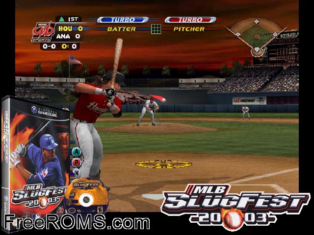 MLB SlugFest 2003 Nintendo Gamecube game showing 3D box cover and gameplay screenshot
