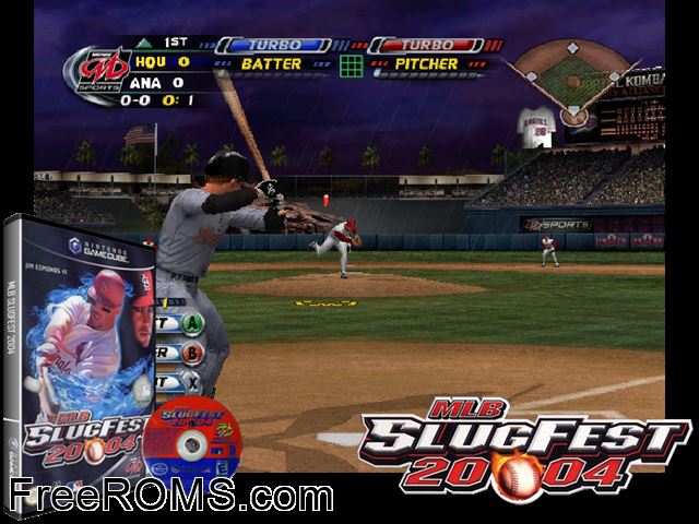 MLB SlugFest 2004 Nintendo Gamecube game showing 3D box cover and gameplay screenshot