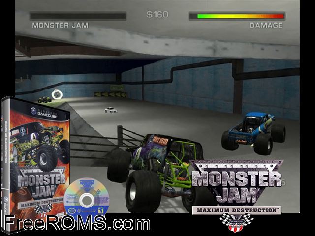 Monster Jam - Maximum Destruction Nintendo Gamecube game showing 3D box cover and gameplay screenshot