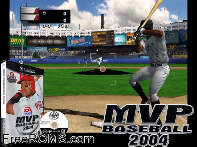 MVP Baseball 2004 Nintendo Gamecube game showing 3D box cover and gameplay screenshot