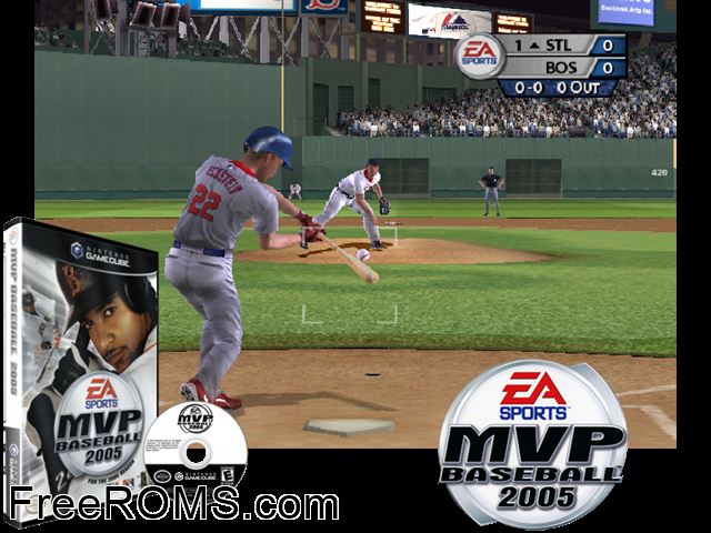 MVP Baseball 2005 Nintendo Gamecube game showing 3D box cover and gameplay screenshot