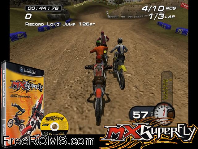 MX SuperFly featuring Ricky Carmichael Nintendo Gamecube game showing 3D box cover and gameplay screenshot