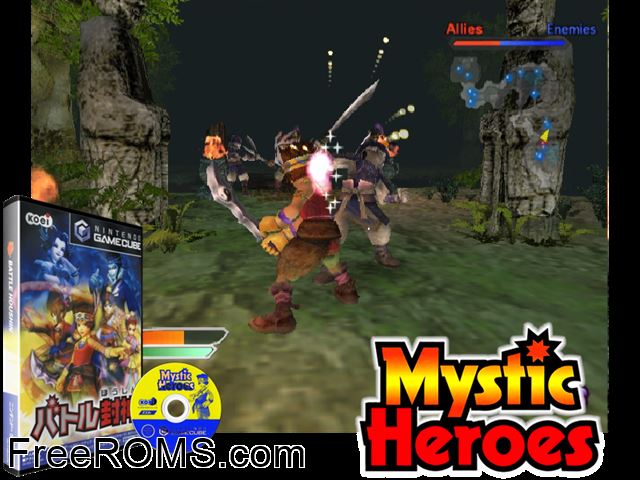 Mystic Heroes Nintendo Gamecube game showing 3D box cover and gameplay screenshot