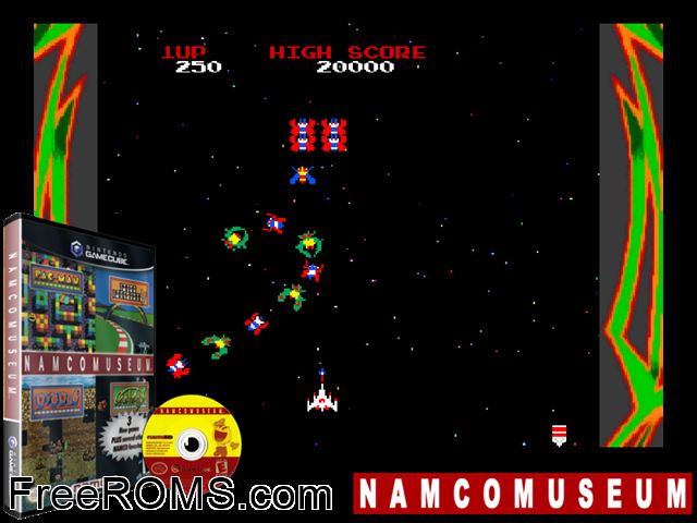 Namco Museum Nintendo Gamecube game showing 3D box cover and gameplay screenshot