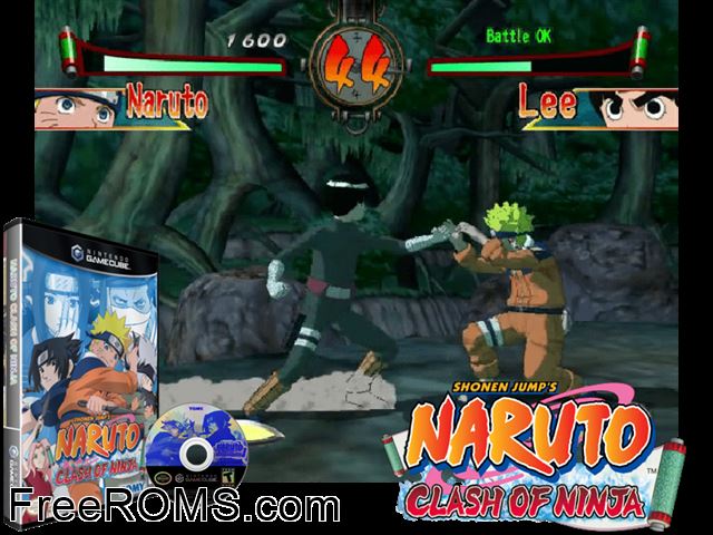 Naruto - Clash of Ninja Nintendo Gamecube game showing 3D box cover and gameplay screenshot