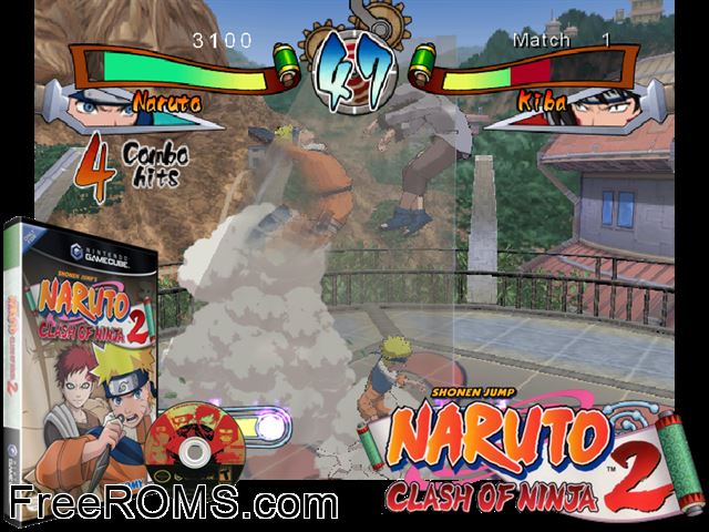 Naruto - Clash of Ninja 2 Nintendo Gamecube game showing 3D box cover and gameplay screenshot