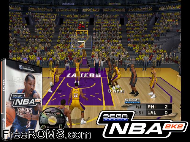 NBA 2K2 Nintendo Gamecube game showing 3D box cover and gameplay screenshot