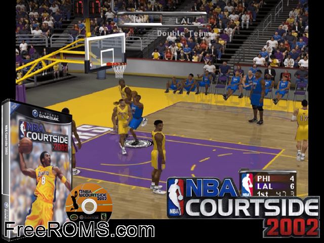 NBA Courtside 2002 Nintendo Gamecube game showing 3D box cover and gameplay screenshot