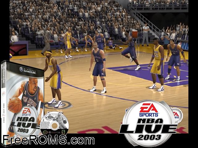 NBA Live 2003 Nintendo Gamecube game showing 3D box cover and gameplay screenshot