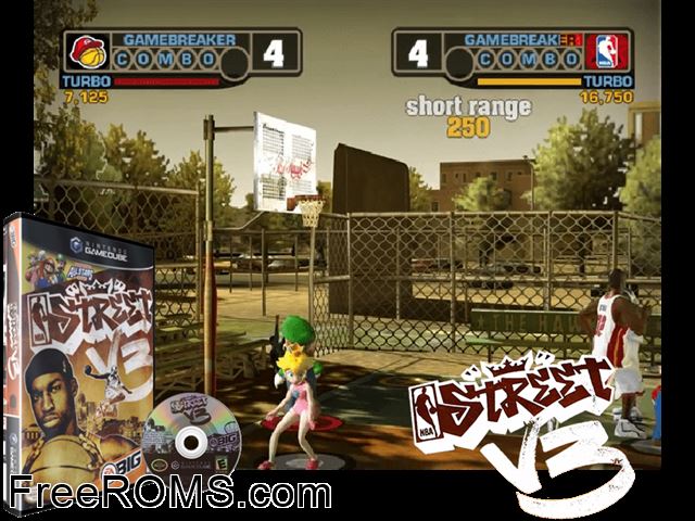 NBA Street V3 Nintendo Gamecube game showing 3D box cover and gameplay screenshot