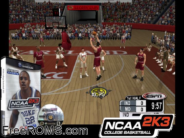 NCAA College Basketball 2K3 Nintendo Gamecube game showing 3D box cover and gameplay screenshot