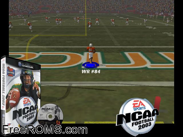 NCAA Football 2003 Nintendo Gamecube game showing 3D box cover and gameplay screenshot