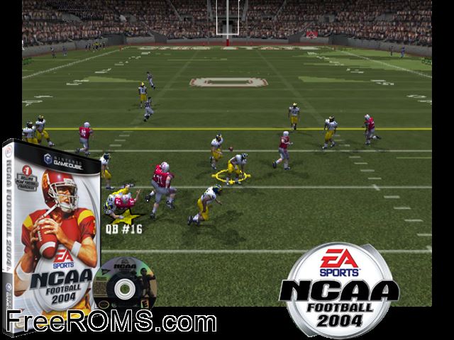 NCAA Football 2004 Nintendo Gamecube game showing 3D box cover and gameplay screenshot