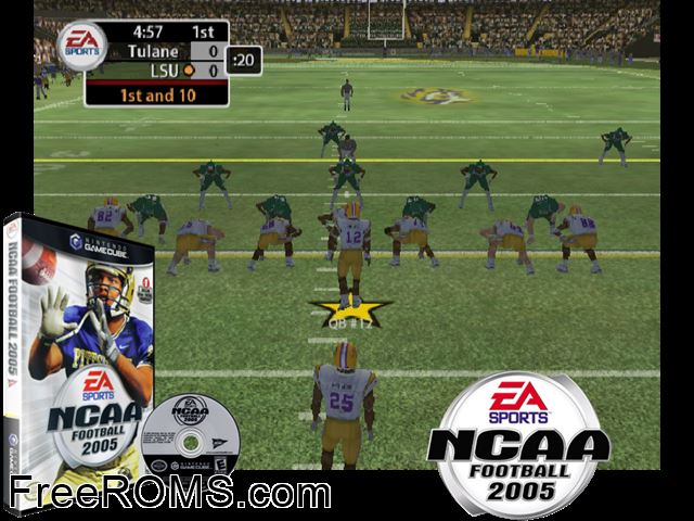 NCAA Football 2005 Nintendo Gamecube game showing 3D box cover and gameplay screenshot