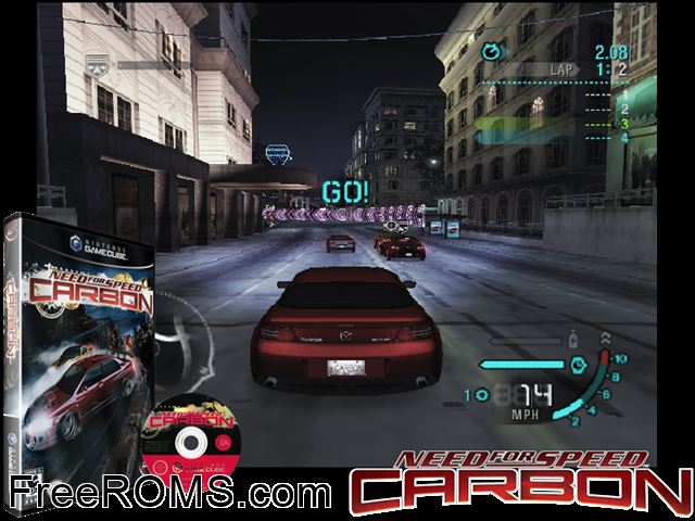 Need for Speed - Carbon Nintendo Gamecube game showing 3D box cover and gameplay screenshot