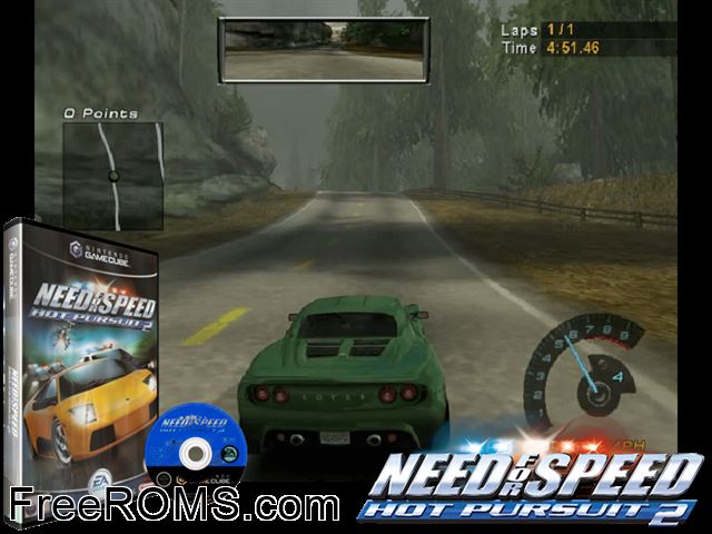 Need for Speed - Hot Pursuit 2 Nintendo Gamecube game showing 3D box cover and gameplay screenshot