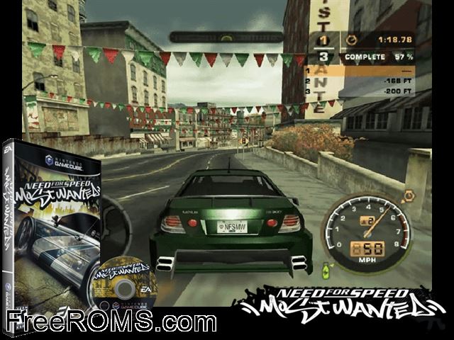 Need for Speed - Most Wanted Nintendo Gamecube game showing 3D box cover and gameplay screenshot