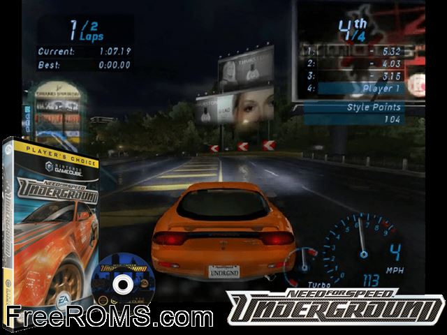 Need for Speed - Underground Nintendo Gamecube game showing 3D box cover and gameplay screenshot
