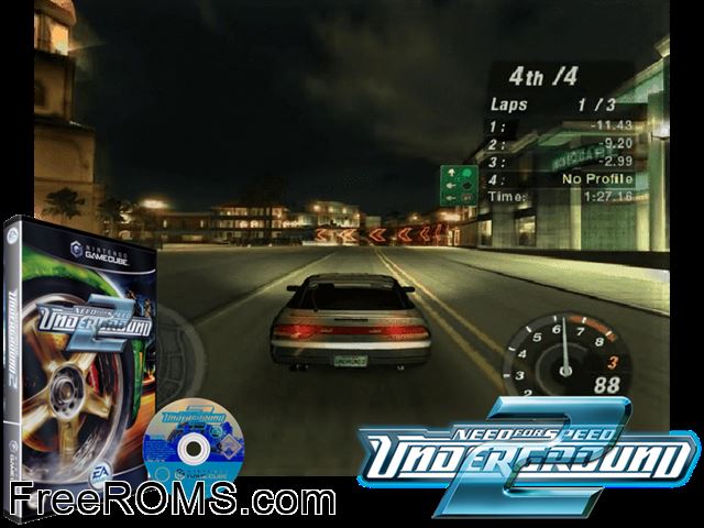 Need for Speed - Underground 2 Nintendo Gamecube game showing 3D box cover and gameplay screenshot